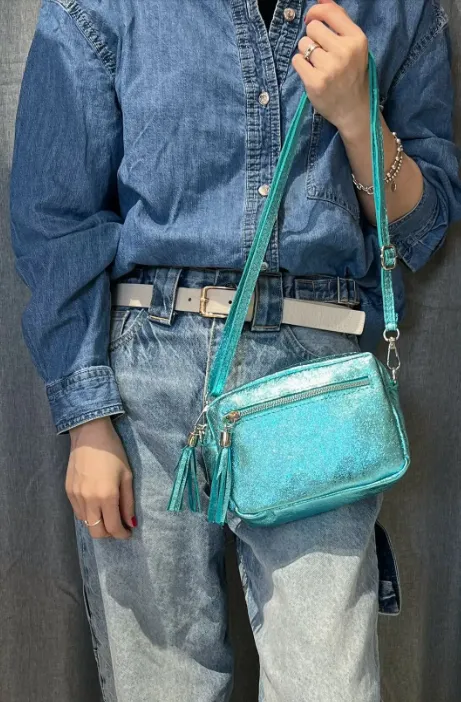 Sac à bandoulière turquoise pailleté