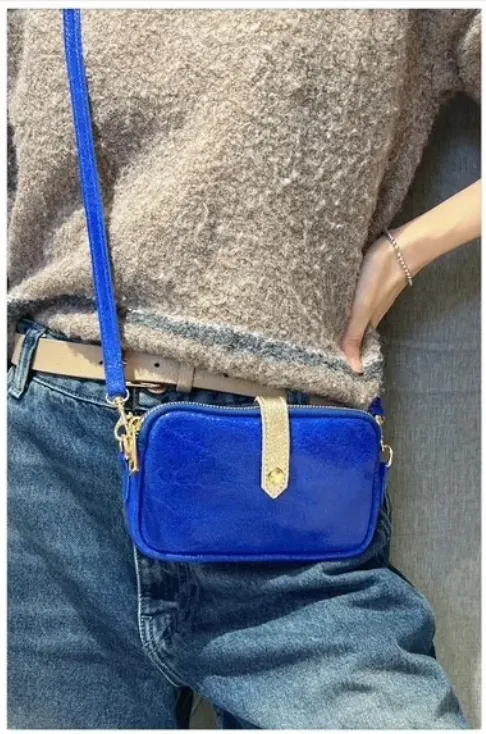 Sac à bandoulière en cuir lisse Bleu roi