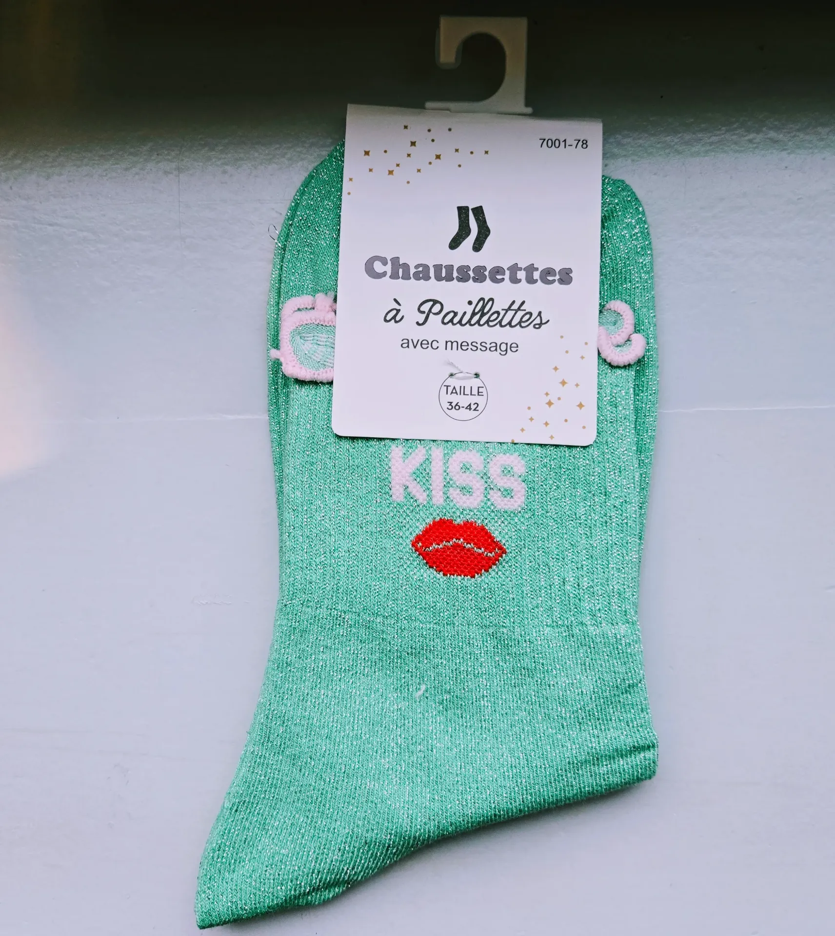 Chaussettes Pailletées - Kiss vert menthe & rose