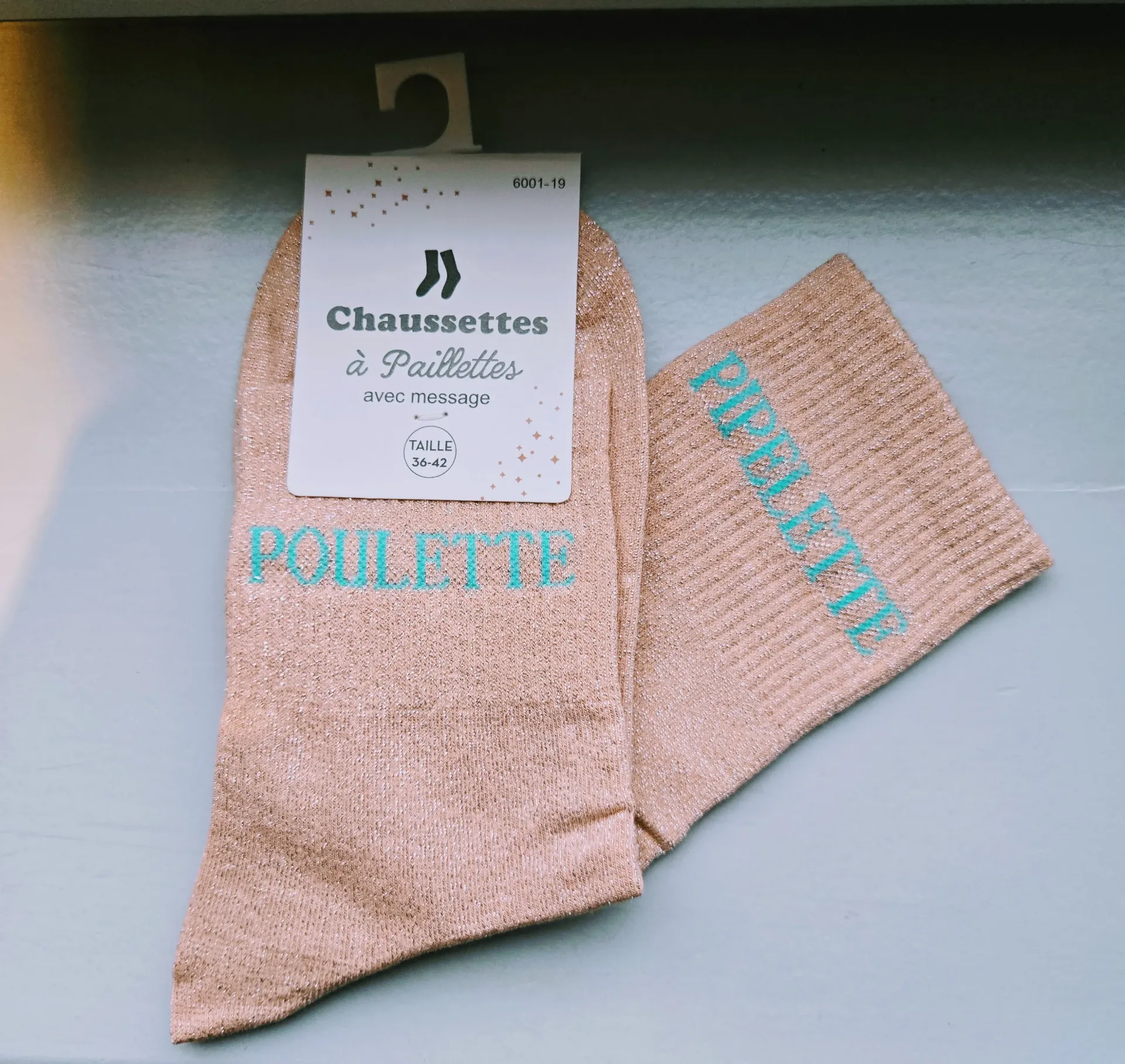Chaussettes Pailletées - Poulette pipelette rose saumon (inscription turquoise)