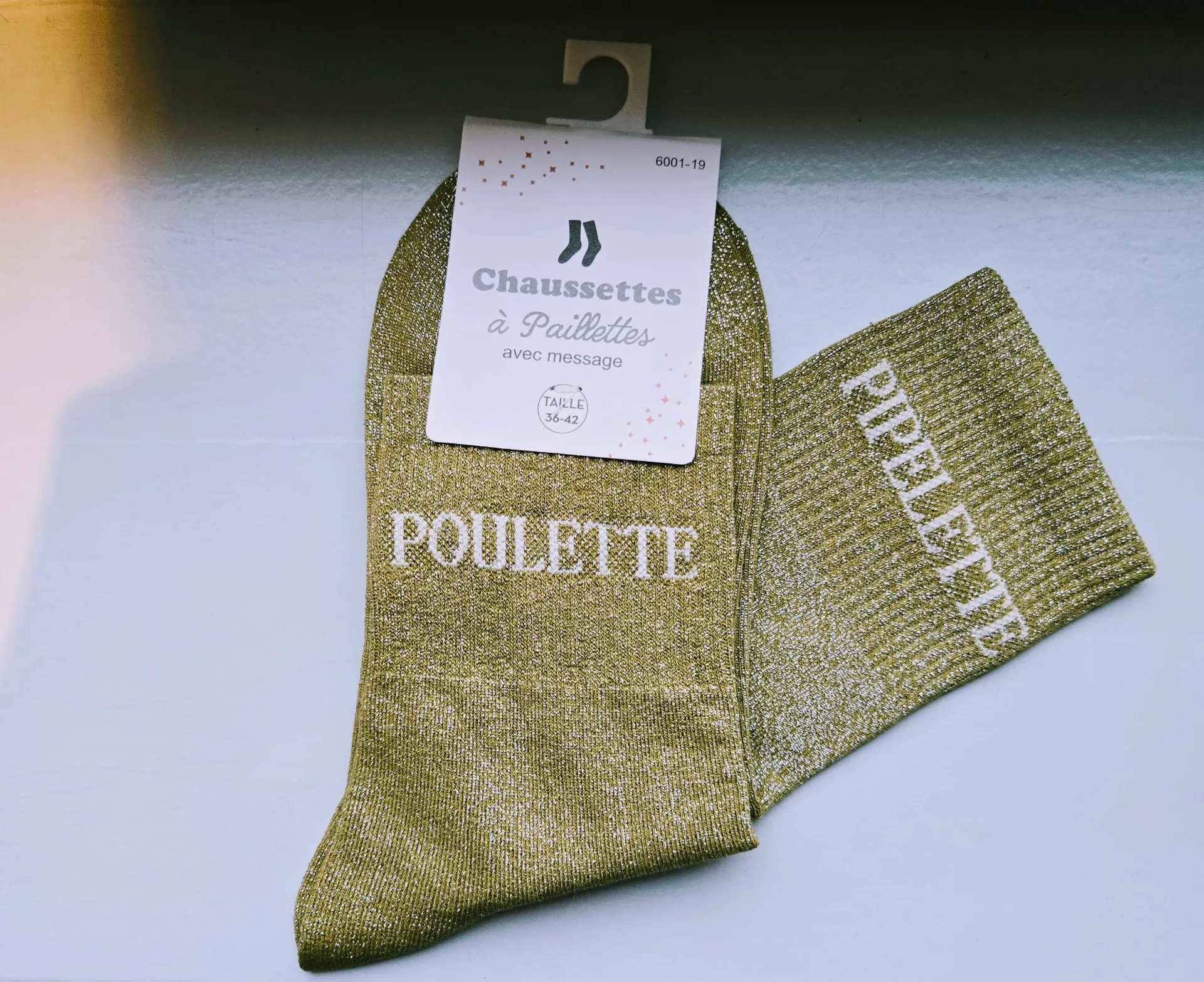 Chaussettes Pailletées - Poulette pipelette kaki (inscription blanc crème)