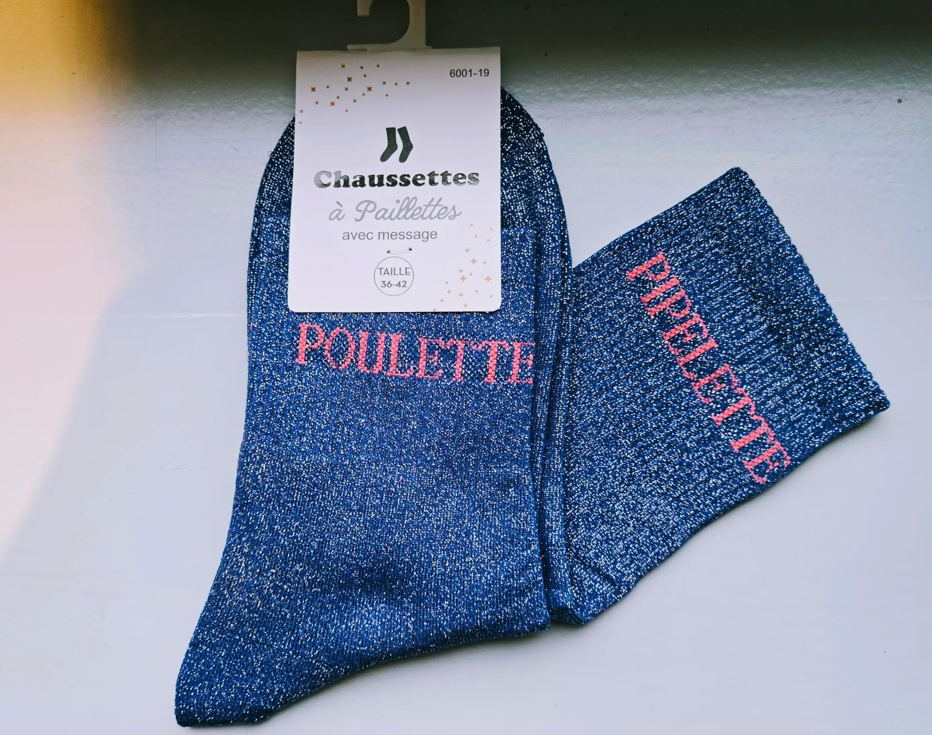 Chaussettes Pailletées - Poulette pipelette bleu (inscription rose)
