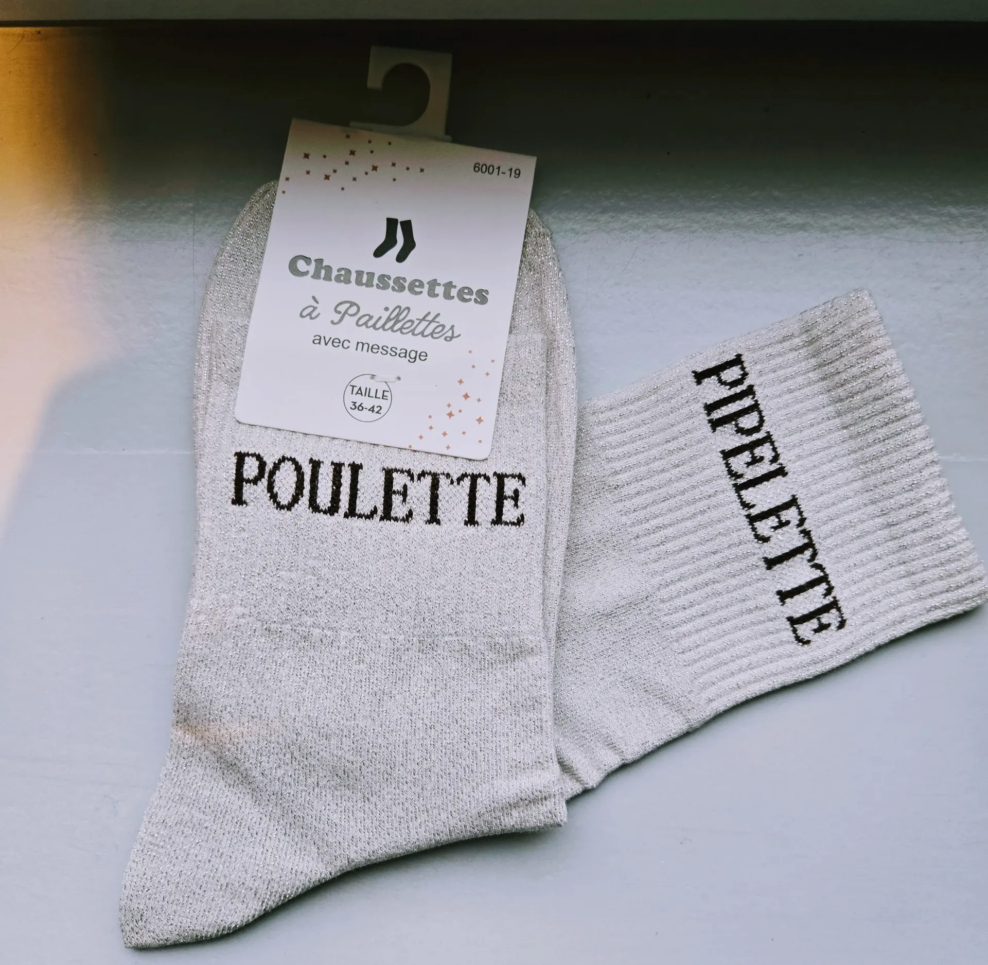 Chaussettes Pailletées - Poulette pipelette blanc crème (inscription marron)