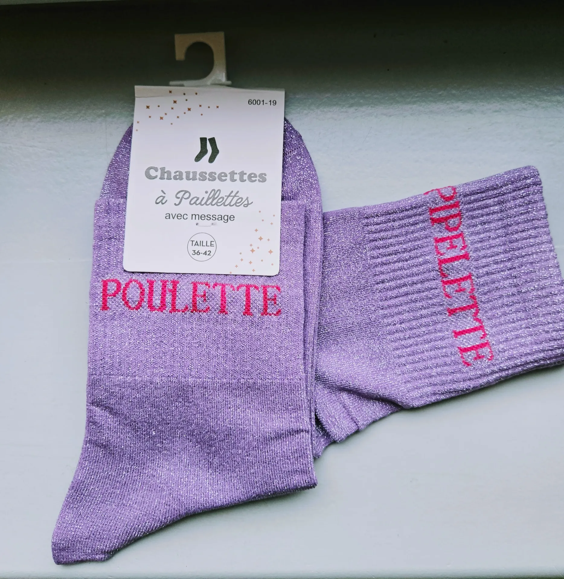 Chaussettes Pailletées - Poulette pipelette mauve (inscription fushia)