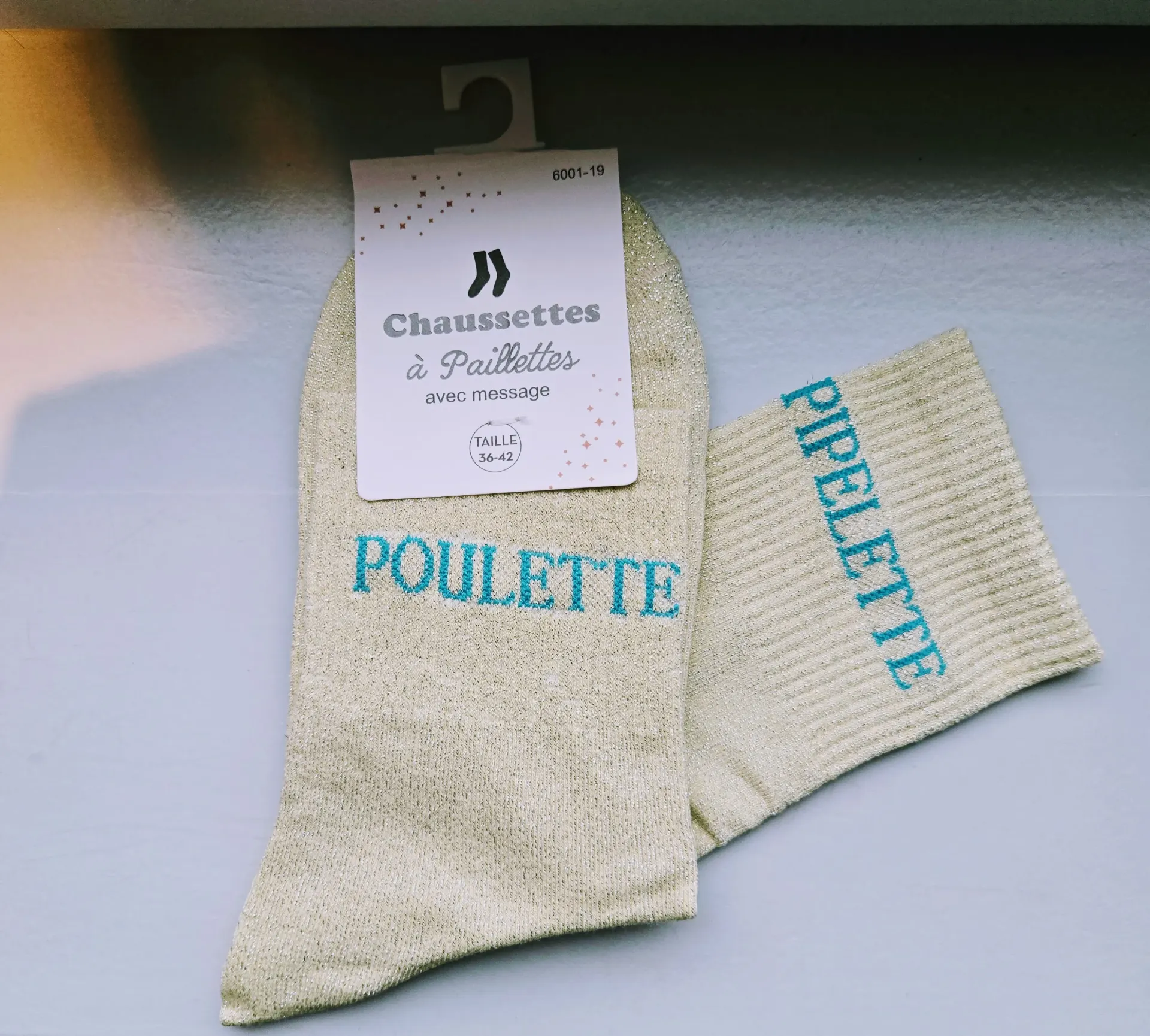 Chaussettes Pailletées - Poulette pipelette jaune pâle (inscription turquoise)