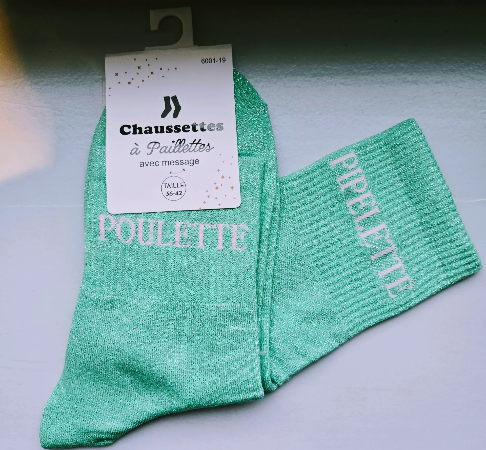 Chaussettes Pailletées - Poulette pipelette vert menthe (inscription rose pâle)
