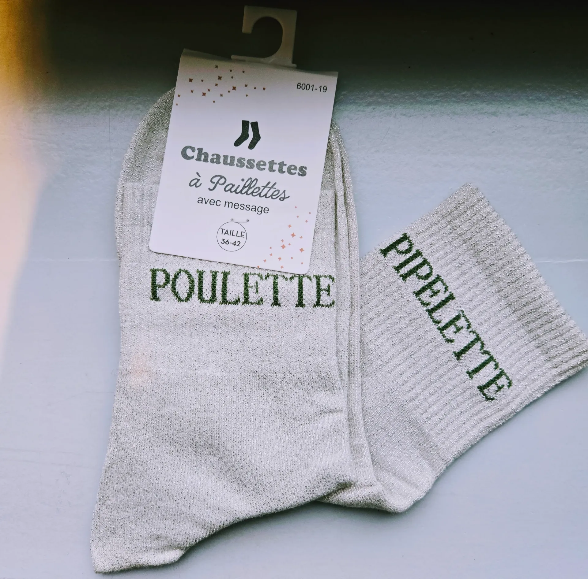 Chaussettes Pailletées - Poulette pipelette blanc crème (inscription kaki)
