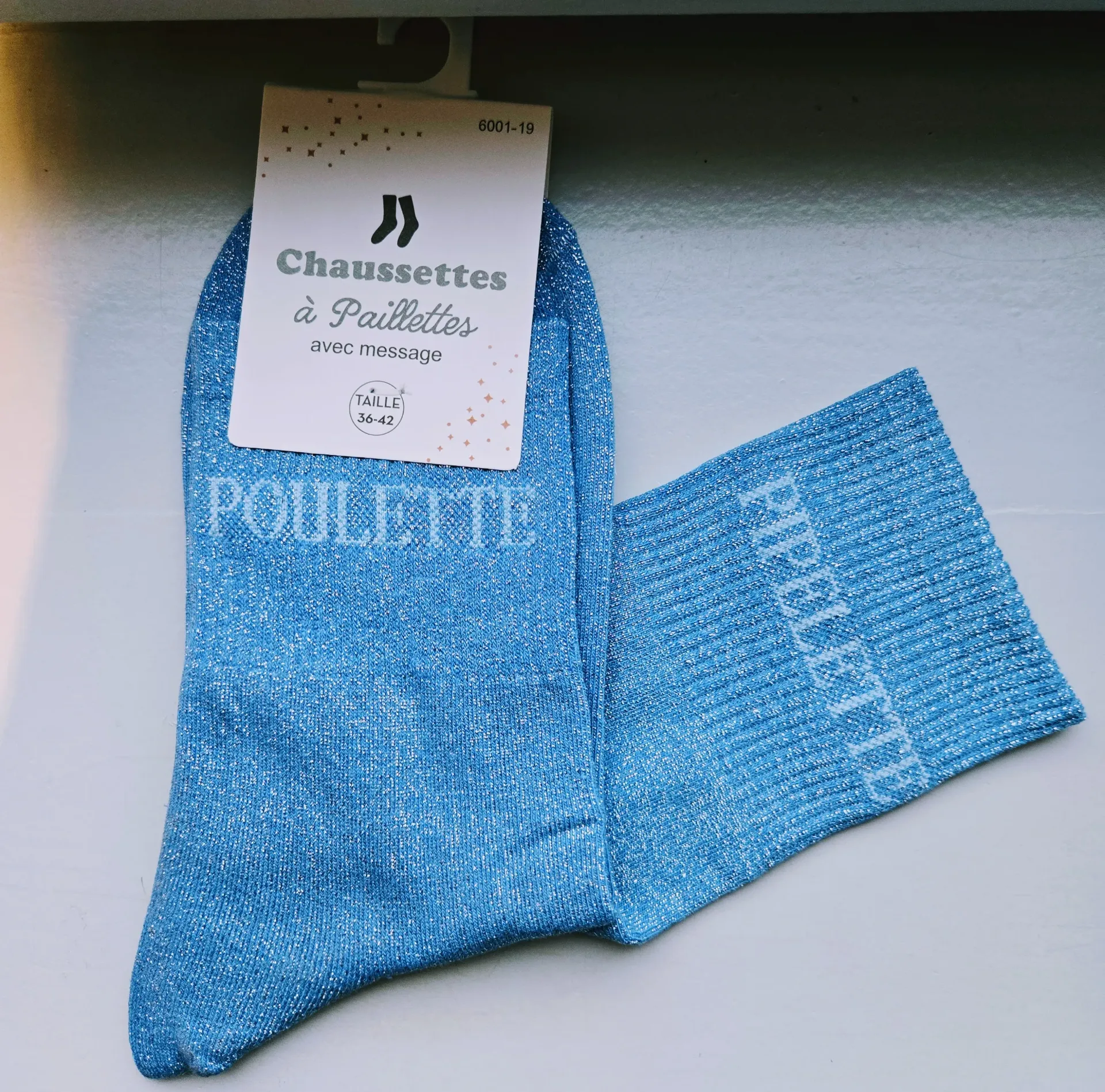 Chaussettes Pailletées - Poulette pipelette bleu clair (inscription bleu clair)