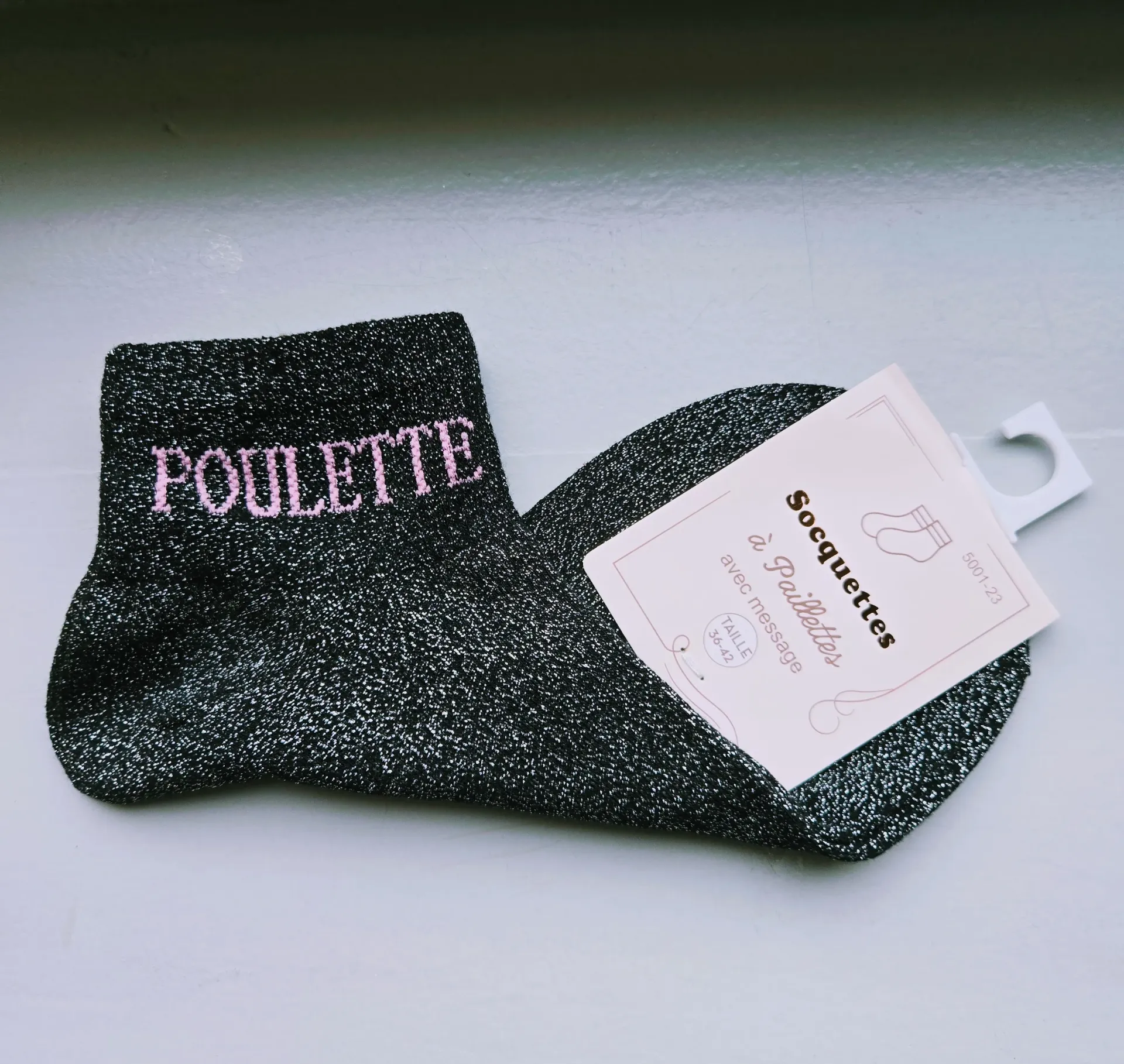 Socquettes Pailletées - Poulette noir (inscription rose)