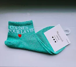 Socquettes Pailletées - copines pour la vie (vert menthe avec écriture blanche)