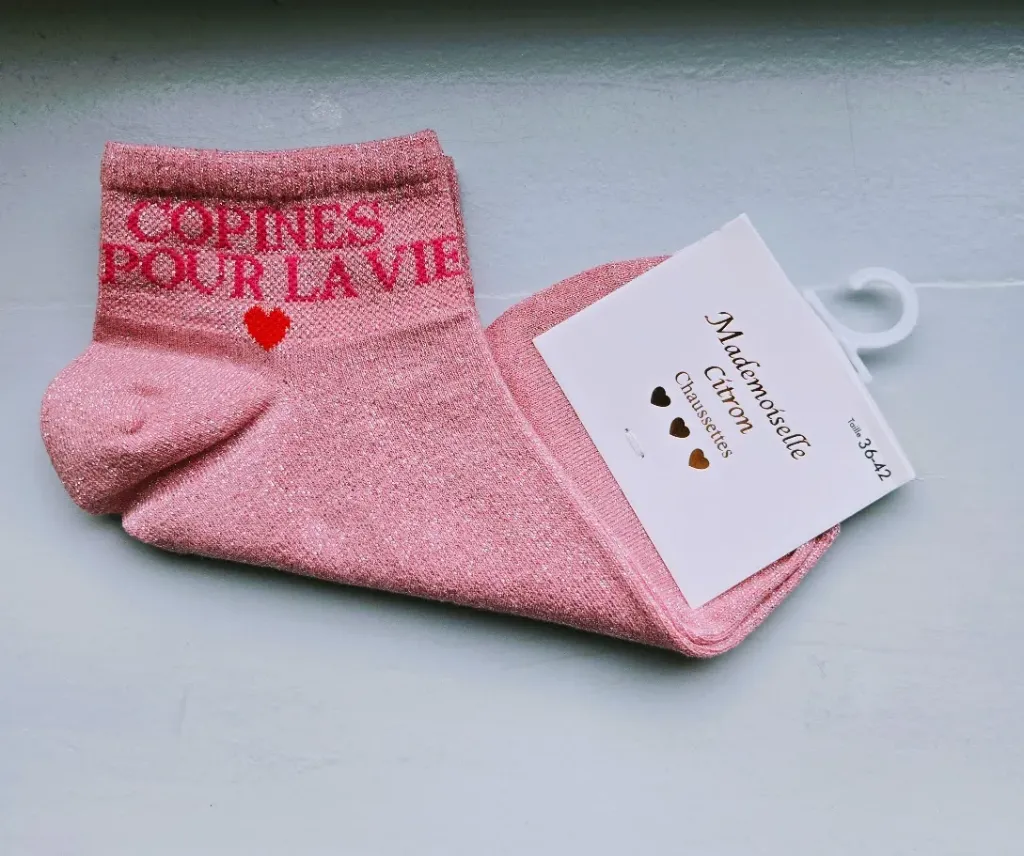 Socquettes Pailletées - copines pour la vie (rose avec écriture fuschia)