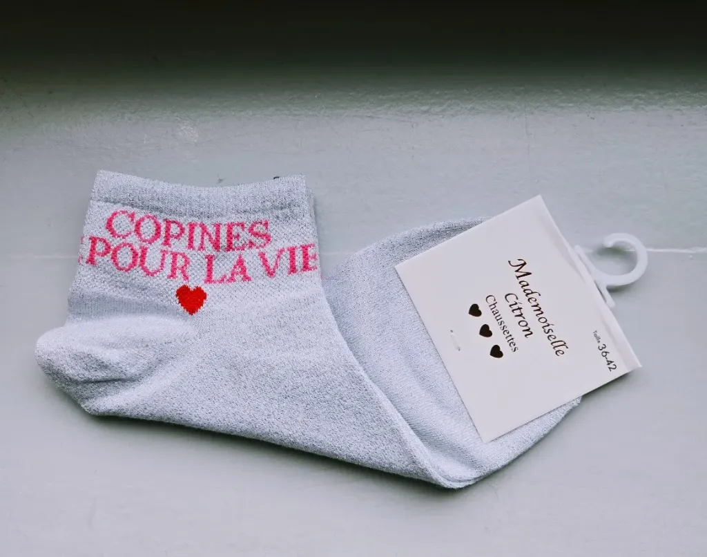 Socquettes Pailletées - copines pour la vie (blanc avec écriture fuschia)