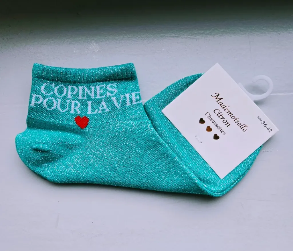 Socquettes Pailletées - copines pour la vie (turquoise avec écriture blanche)