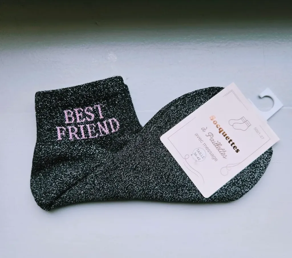 Socquettes Pailletées - Best friend noir (écriture rose)