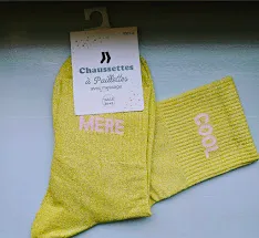 Chaussettes Pailletées - Mère cool lemon (écriture rose pâle)