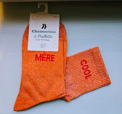 Chaussettes Pailletées - Mère cool orange (écriture rouge)