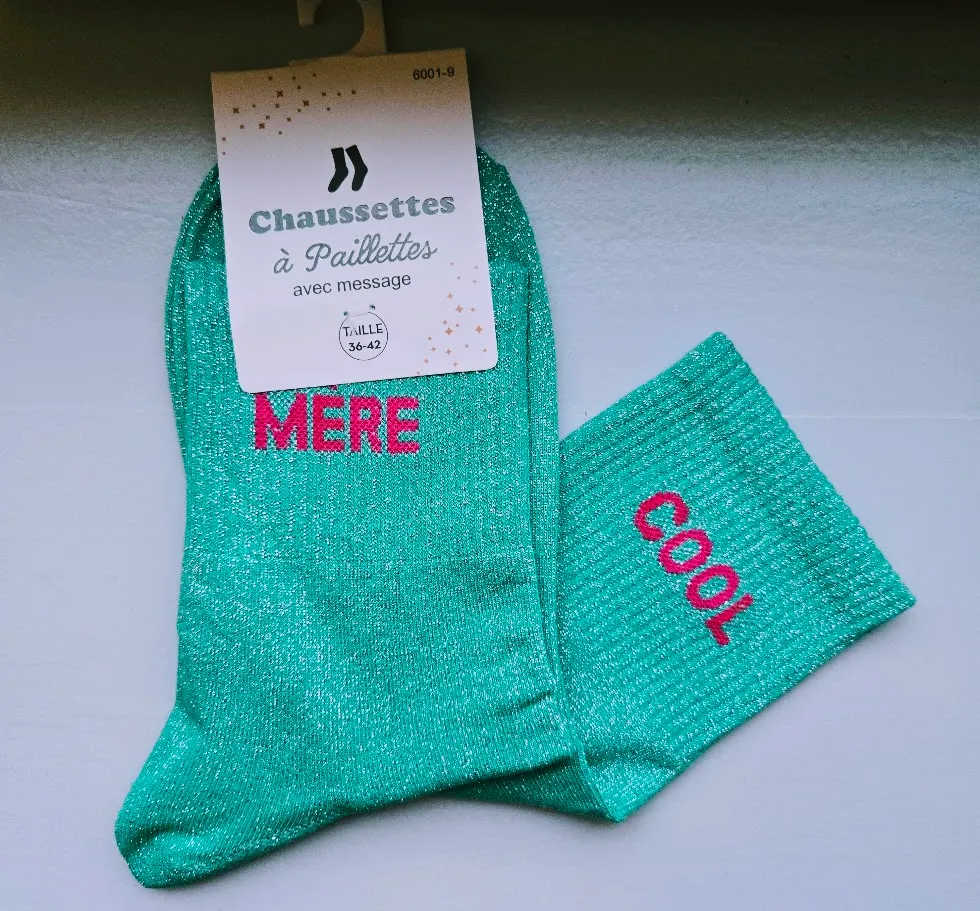 Chaussettes Pailletées - Mère cool vert turquoise (écriture fuschia)