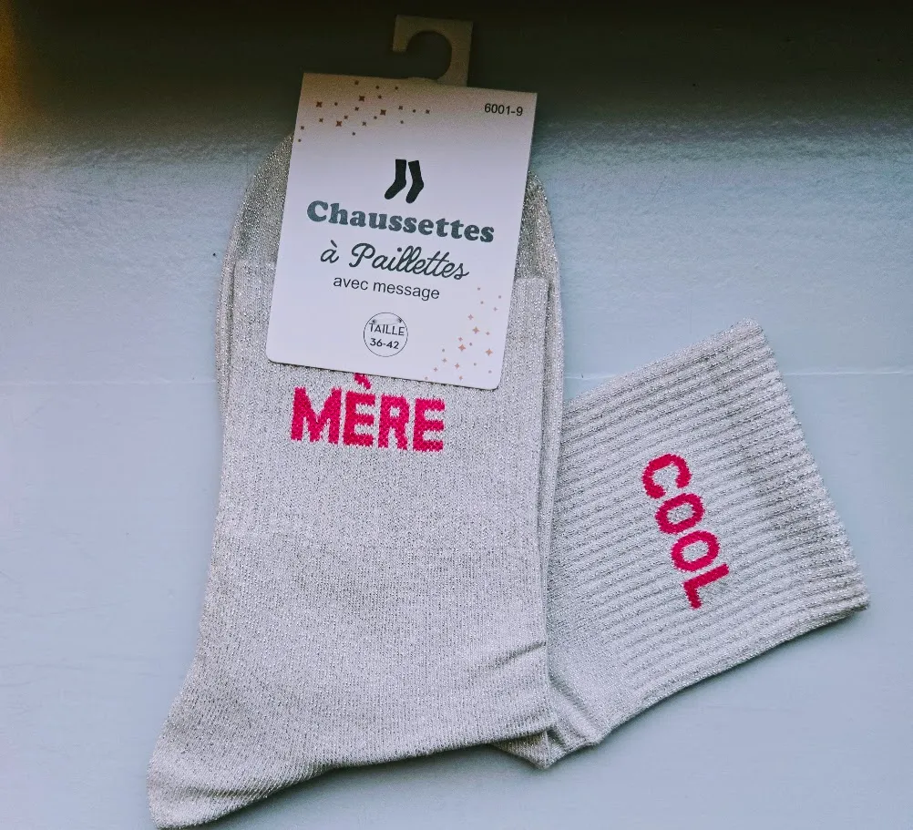 Chaussettes Pailletées - Mère cool blanc (écriture fuschia)