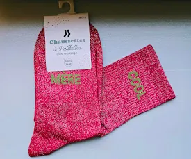 Chaussettes Pailletées - Mère cool rose (écriture kaki)