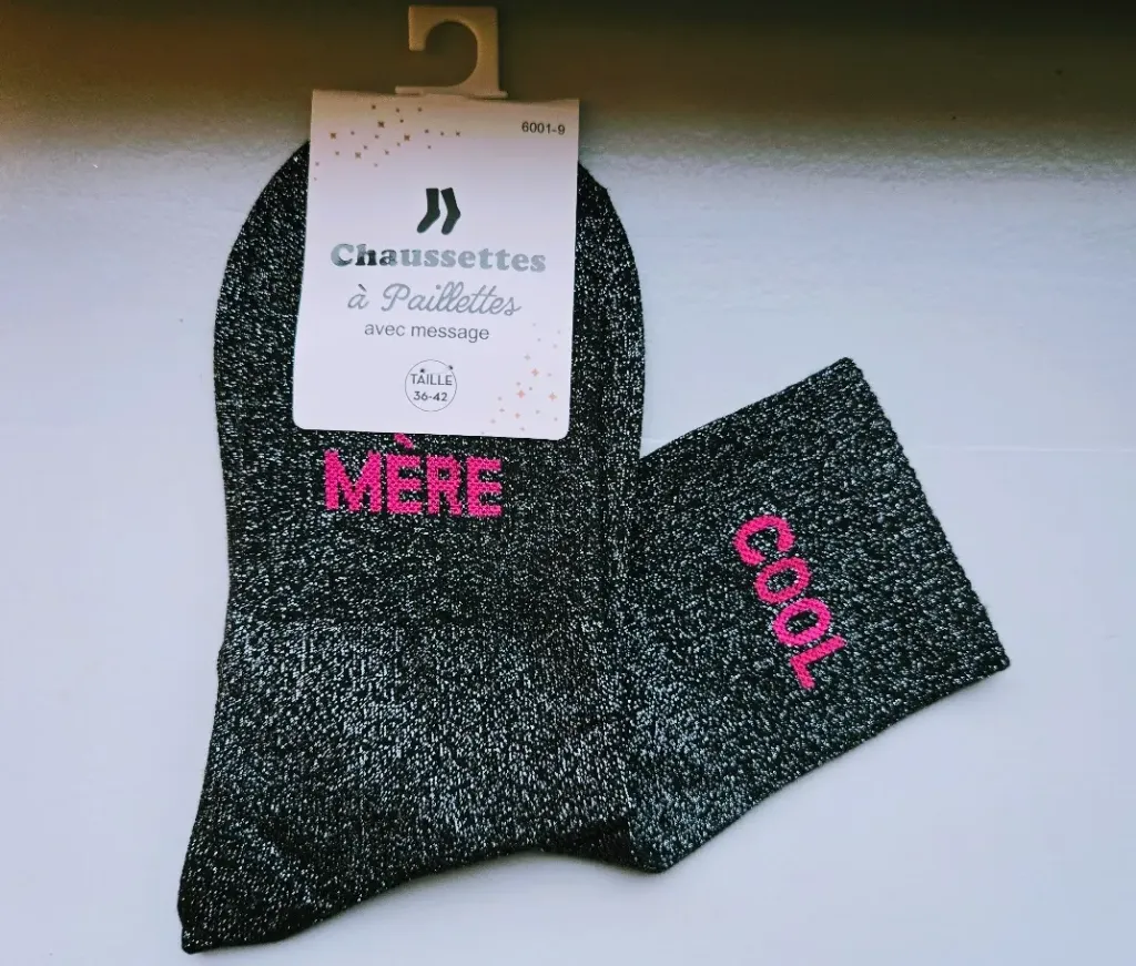 Chaussettes Pailletées - Mère cool noir(écriture fuschia)