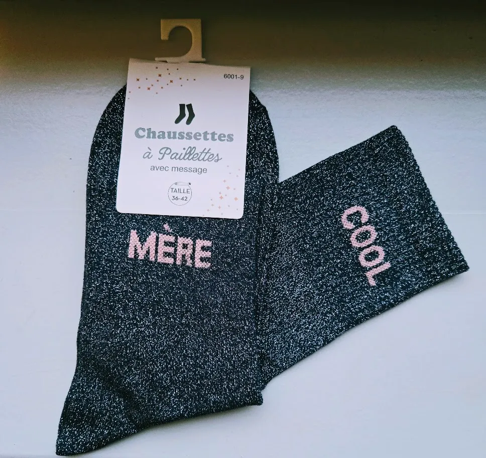 Chaussettes Pailletées - Mère cool bleu marine (écriture rose pâle)