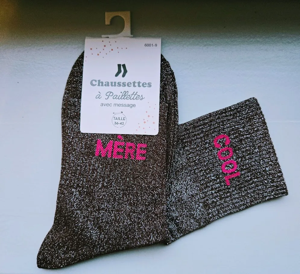 Chaussettes Pailletées - Mère cool marron (écriture fuschia)