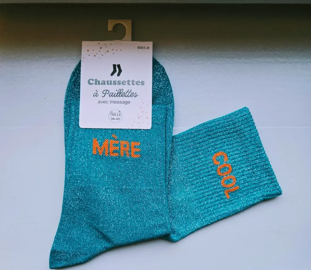Chaussettes Pailletées - Mère cool bleu canard (écriture orange)