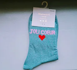 Chaussettes Pailletées - Joli coeur bleu clair (écriture rose pâle)
