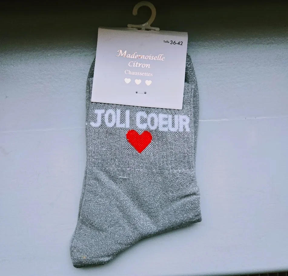 Chaussettes Pailletées - Joli coeur gris (écriture blanche)
