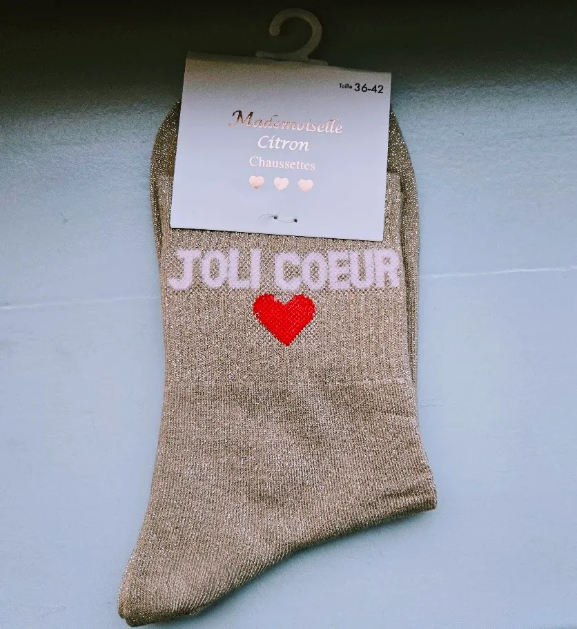 Chaussettes Pailletées - Joli coeur beige (écriture rose pâle)