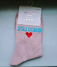 Chaussettes Pailletées - Joli coeur rose pâle (écriture bleu clair)