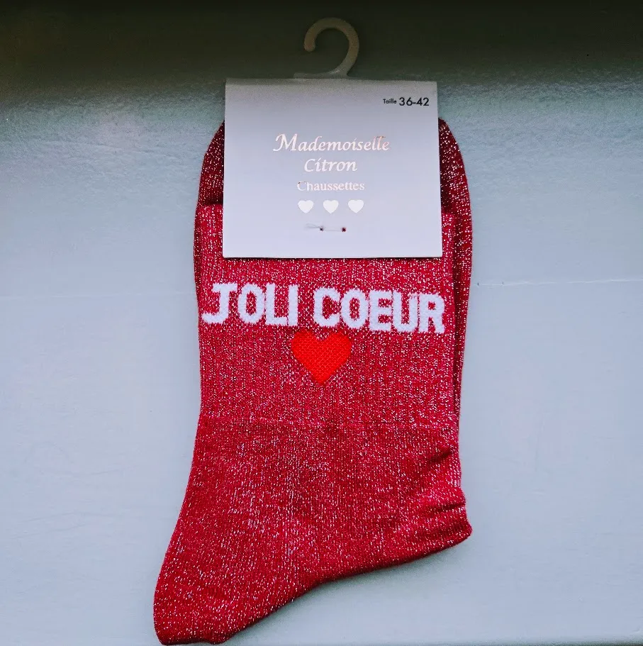 Chaussettes Pailletées - Joli coeur framboise (écriture blanche)