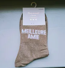 Chaussettes Pailletées - Meilleure amie beige (écriture blanche)