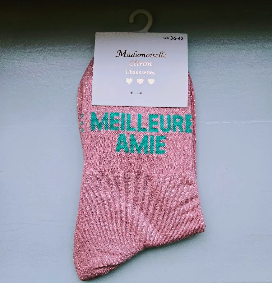 Chaussettes Pailletées - Meilleure amie rose (écriture verte)