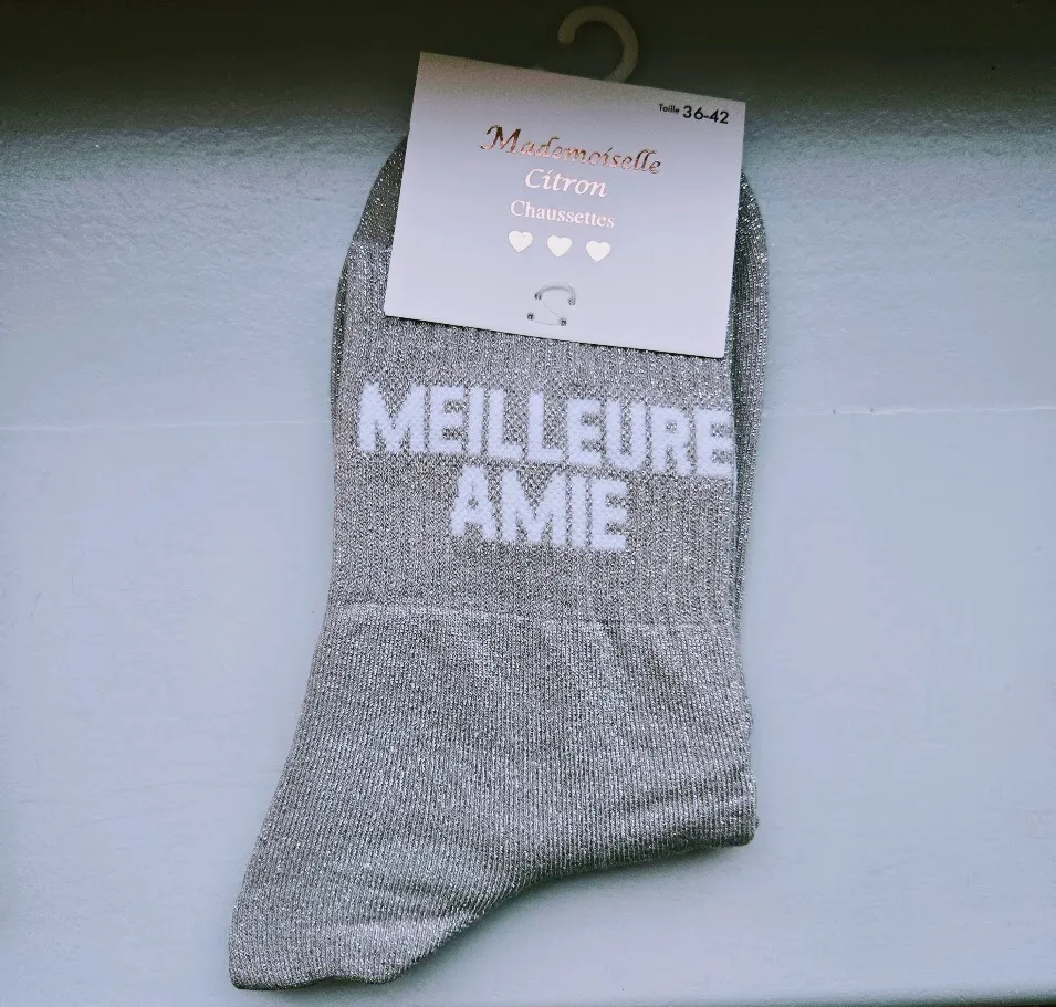 Chaussettes Pailletées - Meilleure amie gris (écriture blanche)