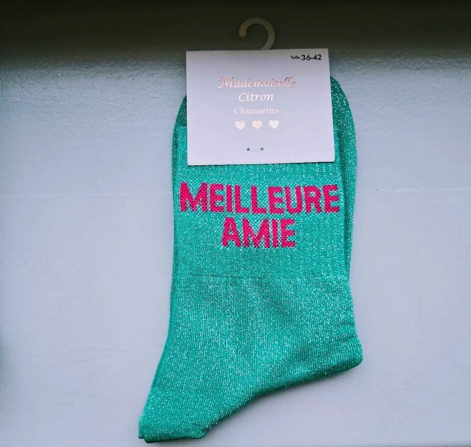 Chaussettes Pailletées - Meilleure amie vert turquoise (écriture fuschia)