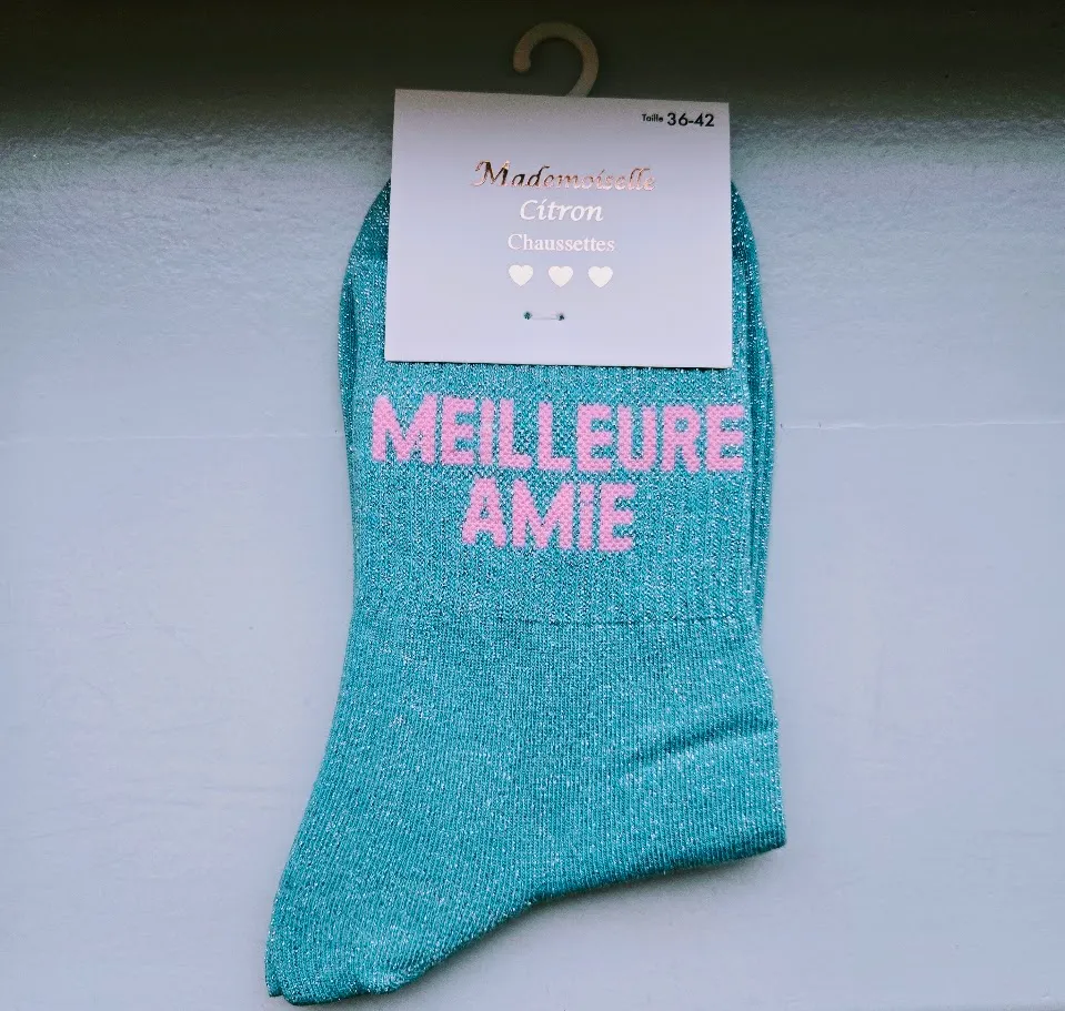 Chaussettes Pailletées - Meilleure amie bleu clair (écriture rose pâle)