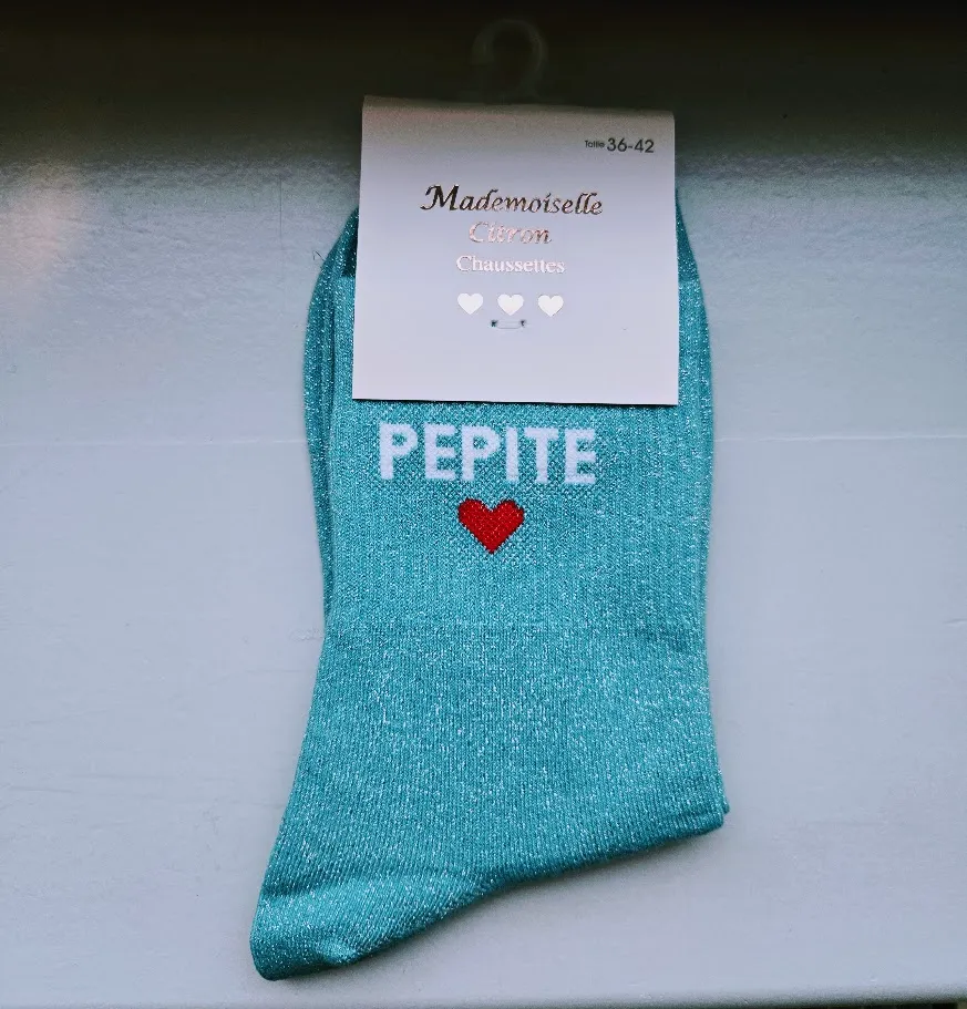 Chaussettes Pailletées - Pépite bleu clair (écriture blanche)