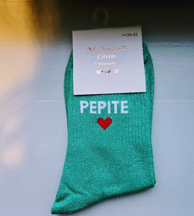 Chaussettes Pailletées - Pépite vert turquoise (écriture blanche)