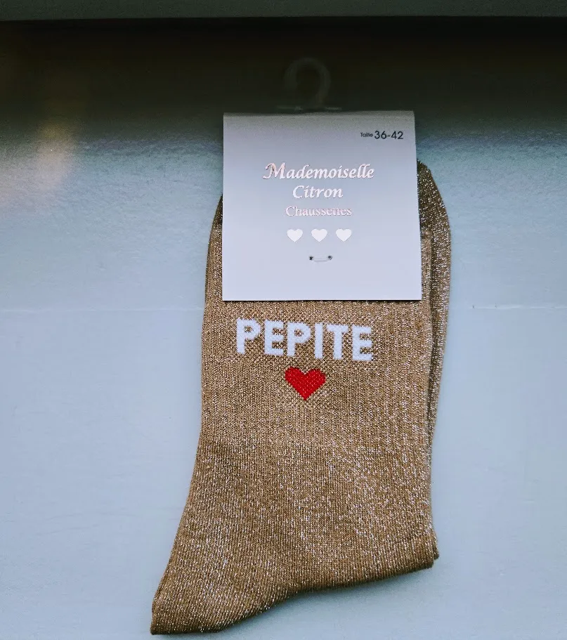 Chaussettes Pailletées - Pépite beige foncé (écriture blanche)