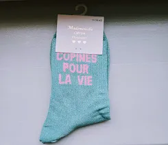 Chaussettes Pailletées - Copines pour la vie bleu clair (écriture rose pâle)
