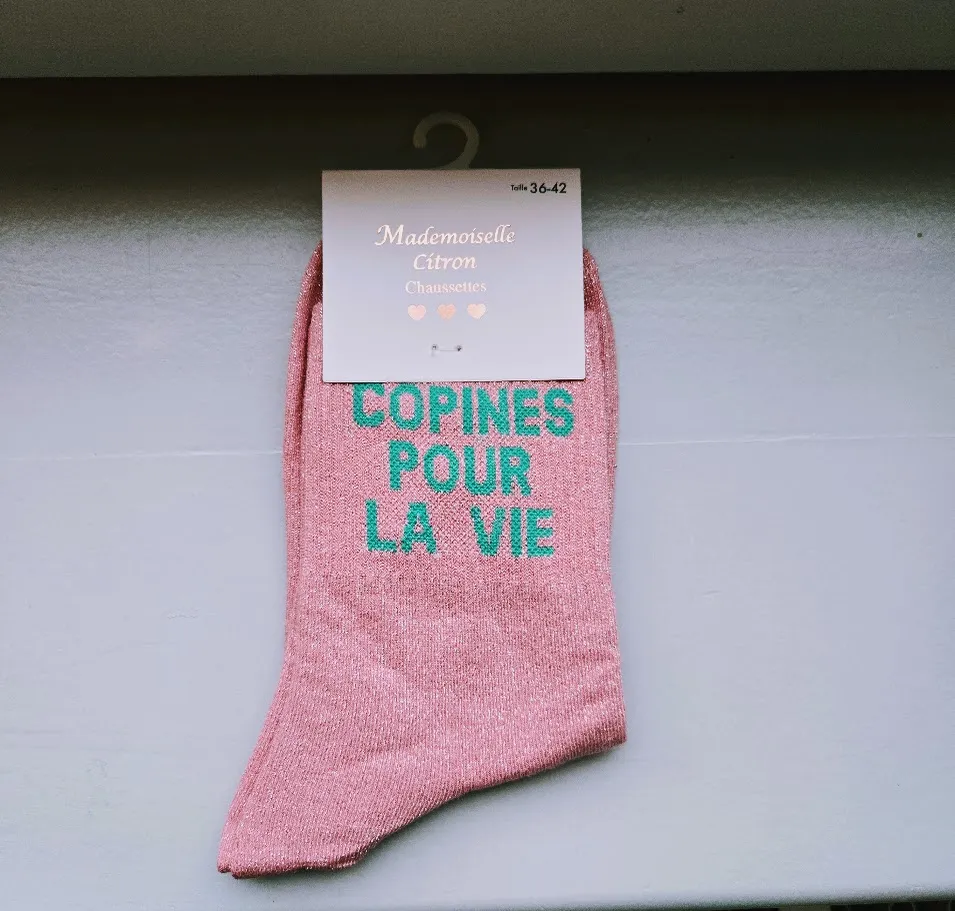 Chaussettes Pailletées - Copines pour la vie rose (écriture verte)