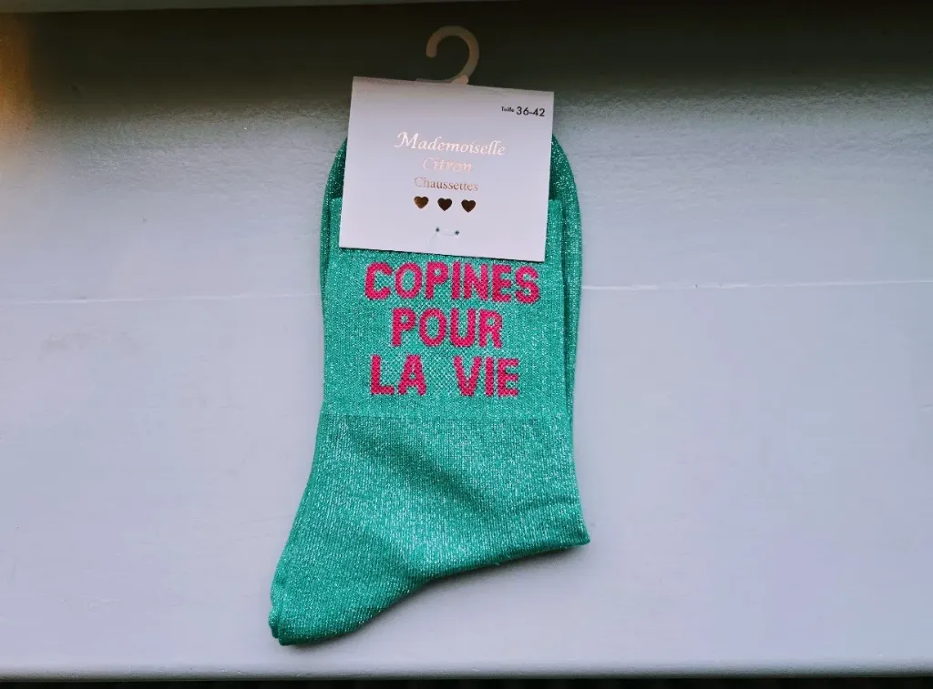 Chaussettes Pailletées - Copines pour la vie vert turquoise (écriture fuschia)