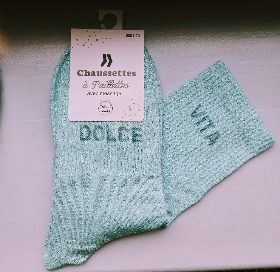 Chaussettes Pailletées - Dolce Vita bleu ciel (écriture bleu ciel)