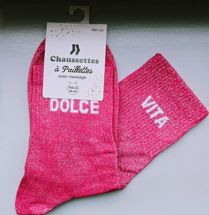 Chaussettes Pailletées - Dolce Vita fuschia (écriture blanche)