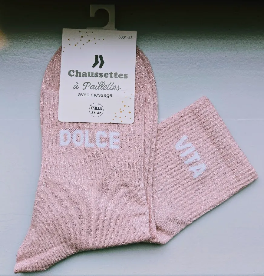 Chaussettes Pailletées - Dolce Vita rose pâle (écriture blanche)